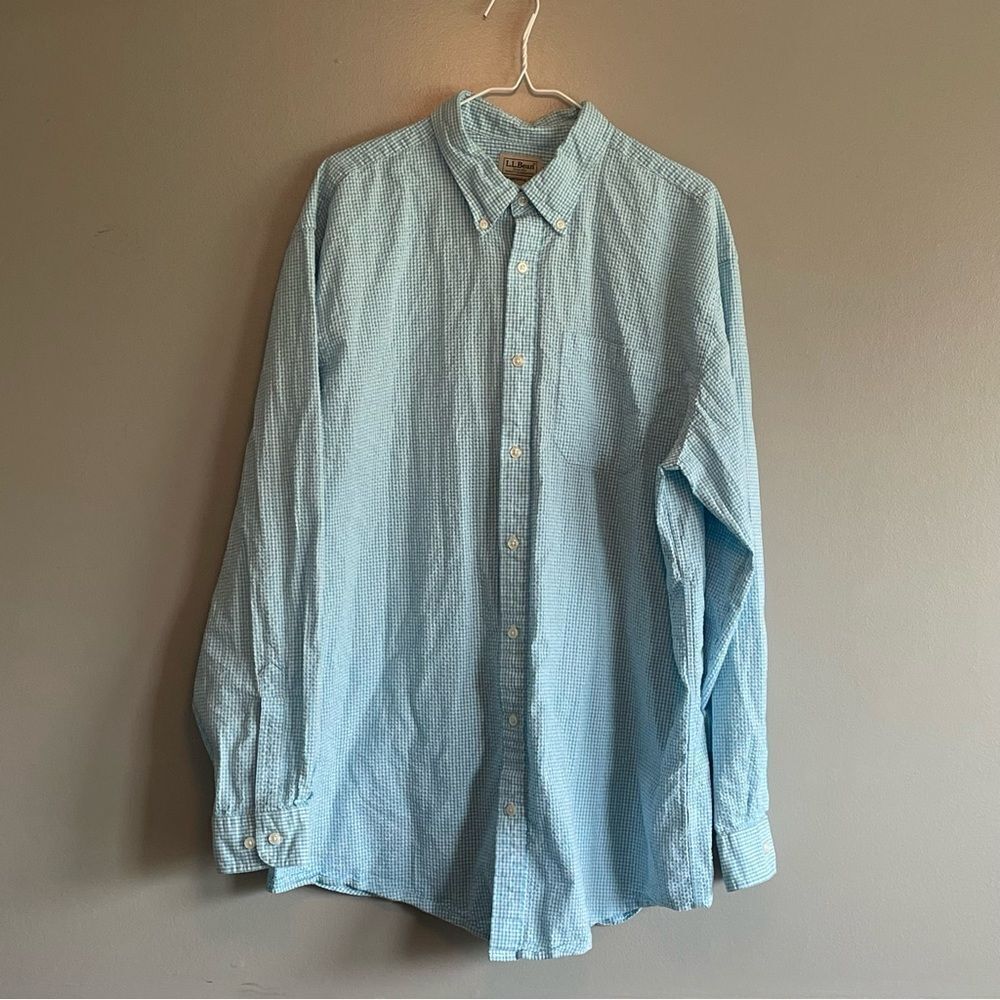 LL Bean blue white Button down men’s shirt size Xl Tall gingham plaid design